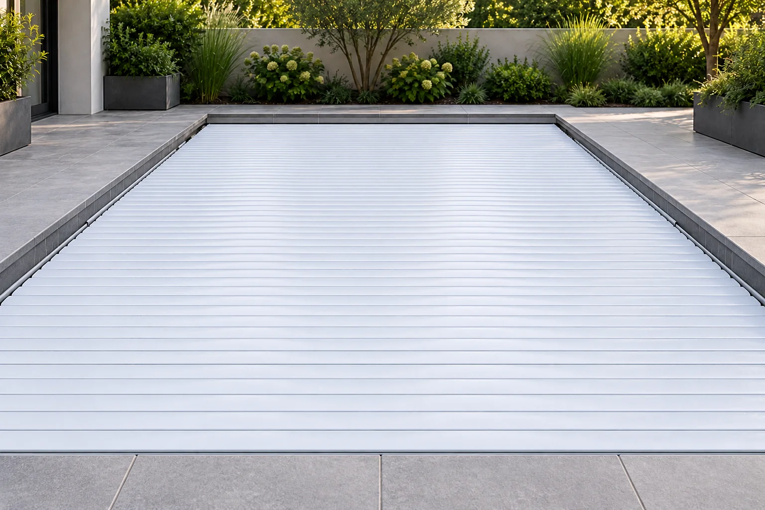 Illustrative view of a swimming pool with a light-coloured slatted cover.